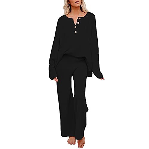 Pink Queen Women's 2 Piece Outfit Set Long Sleeve Button Pullover Sweater Top and Wide Leg Pants Knit Sweatsuit