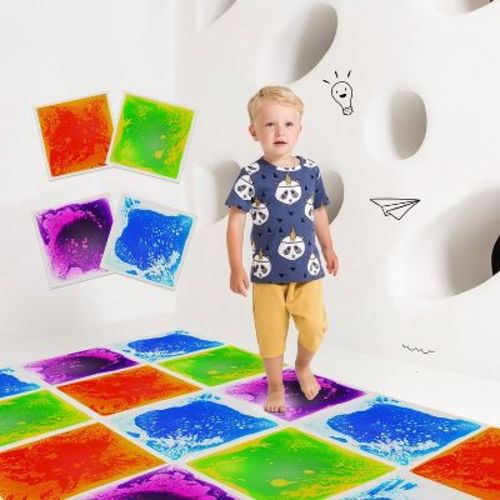 Etokfoks Sensory Liquid Floor Tiles for Kids Anti Slip Activity Play Mats Multi Color Set of 4 Pack 12 x 12 Autism Early Learning Toy