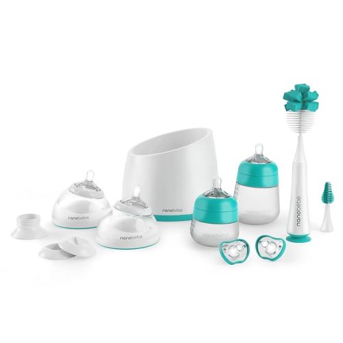 Nanobébé Breastmilk and Silicone Baby Bottle Complete Set Gen 2 with Anti-Colic Nipples, Bottle Brush, Pacifiers, Warmer, Pump Adapter - 5oz and 9oz - Teal/Grey