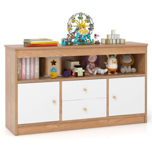 Costway Kids Toy Storage Organizer Wooden Children Bookshelf Storage Chest with Open Shelf Brown