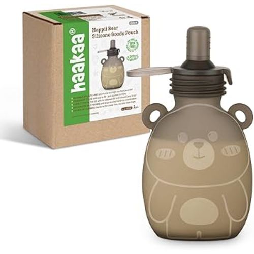 haakaa Happii Bear Silicone Goody Pouch,Reusable Baby Food Pouches for Homemade Organic Purees, Juices, Smoothies, and Yogurt - Perfect for Toddlers and Kids - 1 Pack, 6oz