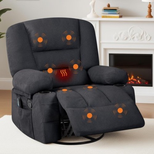 360 Swivel Oversized Chairs,Rocker Recliner Chair with Heat and Massage,Single Sofa Seat with 3 Positions,Side Pockets,Cup Holders, Black