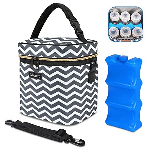 Mancro Breastmilk Cooler Bag with Ice Pack, Fits 6 Baby Bottle Up to 9 Ounce, Baby Bottle Bag with Strap for Mom Nursing Daycare, Grey.