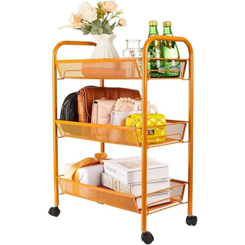 3-Tier Metal Rolling Cart, Storage Shelf with Lockable Caster Wheels, Mobile Storage Cart Used for Kitchen, Bathroom, Livingroom(Orange)