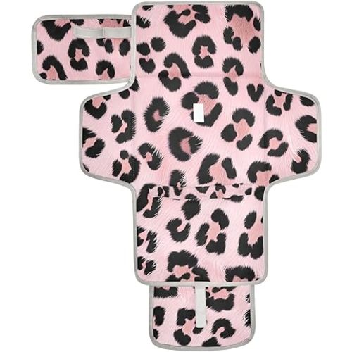 Diaper Changing Pad Leopard Pink Portable Diaper Mat with Built-in Pillow Travel Changing Station for Baby with Smart Wipes Pocket