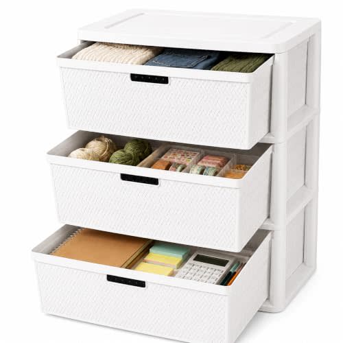 Wide 3-Drawer Plastic Storage Tower, Decorative Organizer Chest, White | Conceal closet & bedroom clutter with ease. Sturdy, BPA-free plastic bins with handles assemble in minutes with no tools