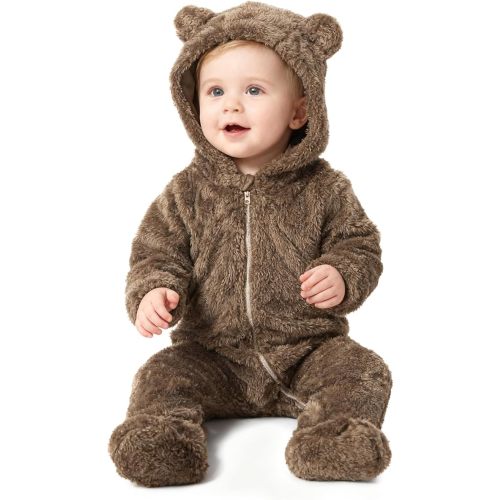 Baby Bear Winter Fleece Hooded Snowsuit Jumpsuit for Boys & Girls | Soft plush fleece onesie with cozy warmth, bear-ear hood and smooth front zipper for everyday comfort in cold weather.
