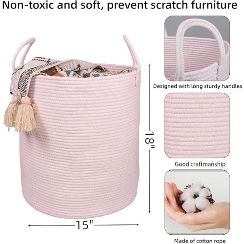 Cotton Rope Laundry Basket Hamper for Girls Kids Baby Nursery Hamper Bin Woven Storage Basket for Living Room Girls room Boho Tall Rope Baskets for Blanket Toys Large light pink