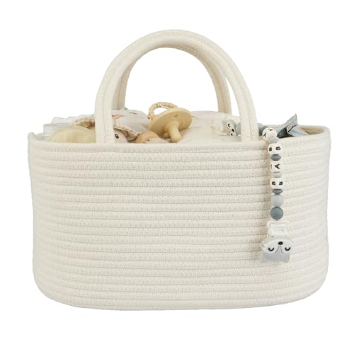 Large Baby Diaper Caddy Organizer for Girl Boy Rope Nursery Storage Bin Basket Portable Holder Tote Bag for Changing Table Car Travel Baby Shower Gifts Newborn Essentials Registry Must Haves White