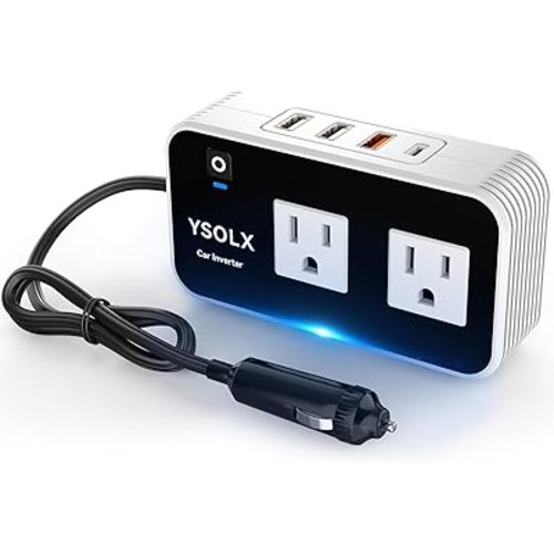 YSOLX 200W Car Power Inverter 12V to 110V for Vehicles, Car Plug Adapter Outlet with 4 USB Fast Charger, Car Charger Cigarette Lighter Adapter for Phone, Laptop on Road Trip