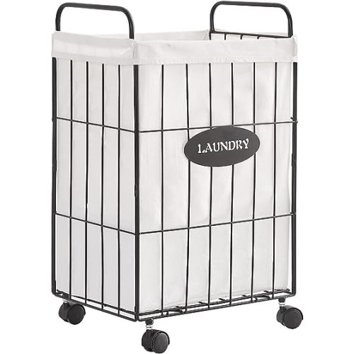 Iron Wire Laundry Hamper With Rolling Lockable Wheels, Folding Laundry Storage Basket with Handles,Detachable Liner Collapsible Dirty Laundry Cart Sorter Clothes Basket Organizer (23.6 inch)