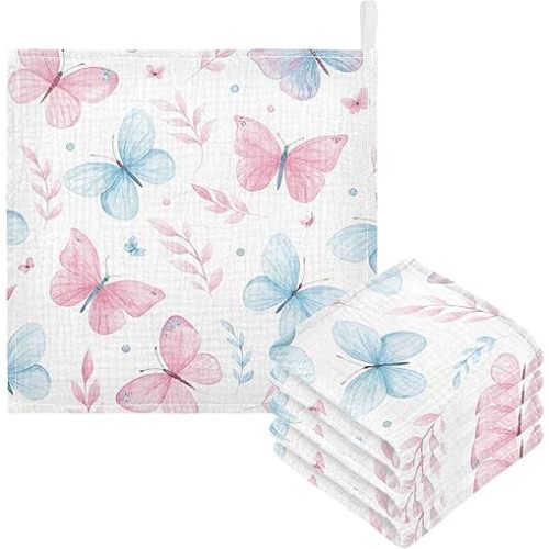 Burbuja Cute Butterflies Baby Washcloths - Muslin Cotton Soft Absorbent Baby Towel for Newborn Baby Sensitive Skin - Baby Essential Item, 12x12 in, 5 Pack