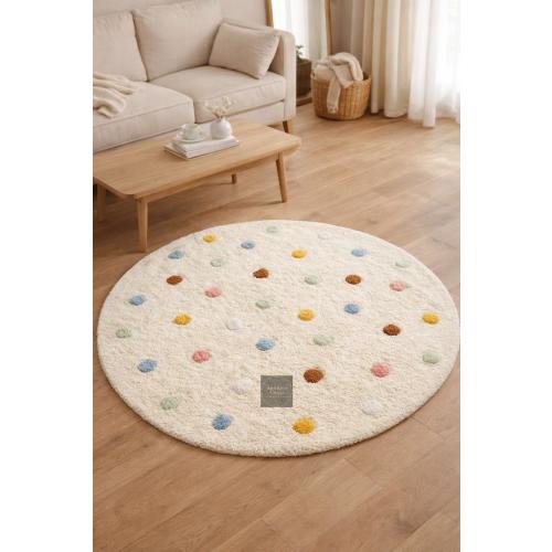 Colorful Polka Dot Round Rug - Soft Cream Nursery Carpet, Pastel Dotted Kids, Playroom Decor, Hand-Tufted Boho Circle Rug, Modern Baby Gift.