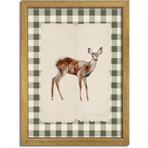 Wood Framed Deer Wall Art Print, Woodland Baby Deer Canvas Poster Wall Decor, Vintage Rustic Green Gingham Farmhouse Animal Picture for Living Room Kitchen Bedroom Nursery Decor, 12x16 inch