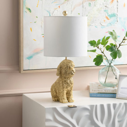 Resin Doodle Dog Table Lamp With Linen Shade | Wayfair