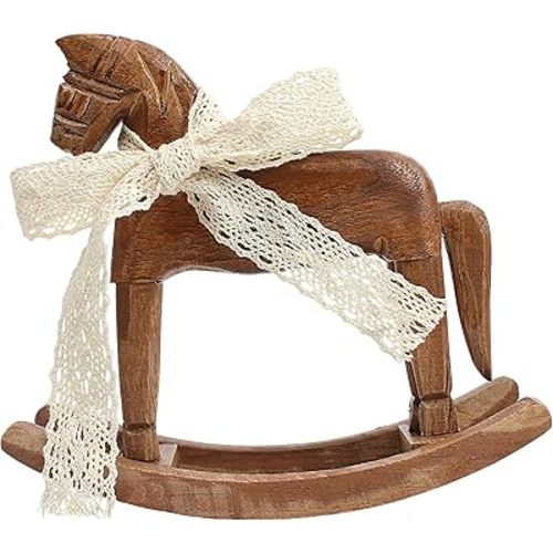 Wood Rocking Horse for Decor & Cake Topper with Ribbon, Wooden Vintage Statue, Desk Centerpiece, Unique Collectible Decorative Figurine Ornament for Table Holiday Decoration Housewarming Gift, C