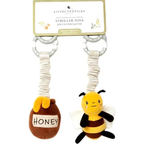 Living Textiles Stroller Toy Set 2 Pack - Design Plush Toys for Car Seat & Stroller, 100% Cotton Knit, Jingle Rattle Sound, BPA-Free Attachment Clip, Ideal Baby Travel Toy (Bee & Honey Pot)
