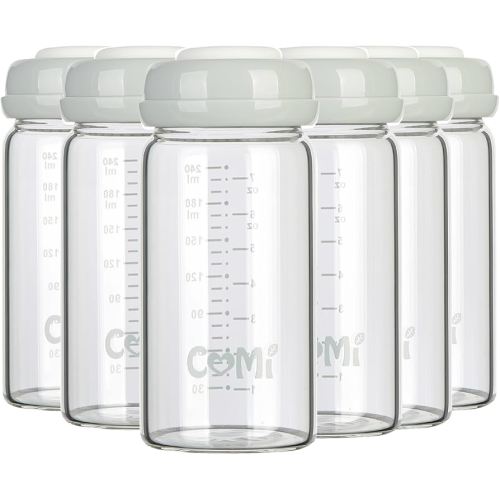 COMI Wide Neck Glass Breastmilk Collection n Storage Bottle, 8oz with Screw Ring Sealing Disk; Re-markable Sealing Disc. BPA Free, Fits Breast Pumps & Nipples (6 Gray Lids)