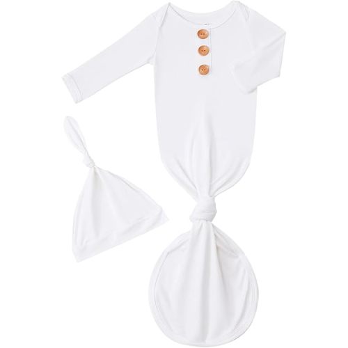 Newborn Baby Boys Girls Knotted Gown Hat Set Soft Bamboo Viscose Infant Sleeper Baby Sleep Gown with Mittens