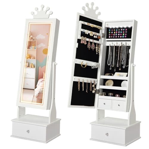 GarveeHome Kids Jewelry Armoire,Child Jewelry Cabinet with Light,Freestanding Jewelry Organizer with Full Length Mirror,3 Storage Drawer,Kids Vanity Dress Up Mirror Jewelry Cabinet for Girls(White)
