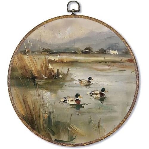 Fewgb Mallard Duck Round Wall Art Decor Framed, Vintage Country Landscape Canvas Wall Art Prints Picture, Rustic Farmhouse Farmhouse Hanging Room Decor Artwork for Gallery Bedroom Nursery 10x10