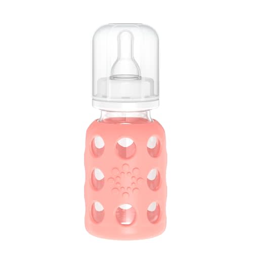 Lifefactory 4oz Glass Baby Bottle with Stage 1 Nipple, Cantalope | Protective Silicone Sleeve, BPA Free, Reusable, Dishwasher Safe
