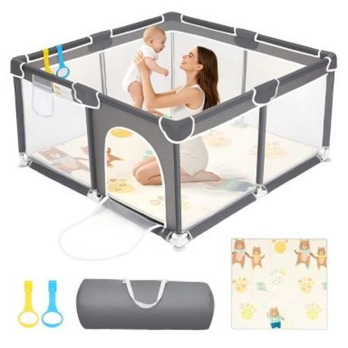 Kmaier Soft Padded Baby Playpen With Mat,Safe And Sturdy Design,Breathable Mesh,Portable For Indoor And Outdoor Use,Grey