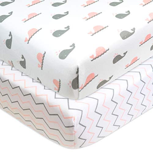 American Baby Company Printed 100% Natural Cotton Jersey Knit Fitted Crib Sheet for Standard Crib & Toddler Mattresses, Pink Whale/Pink Zigzag, for Girls