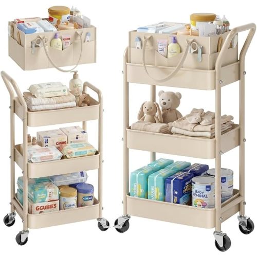 3 Tier Baby Diaper Caddy Organizer Cart with Detachable Dividers and Wheels | Metal Bedside Rolling Storage Cart on Wheels, Postpartum Cart for Baby Essentials, Nursery, Newborn Must Haves(Oatmeal)