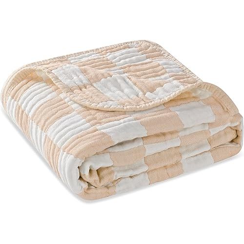 Ultra Soft Muslin Baby Blanket - Made with Organic Cotton, Neutral Earth Tone Checkered Swaddle & Crib Quilt, 43x43 (Beige)