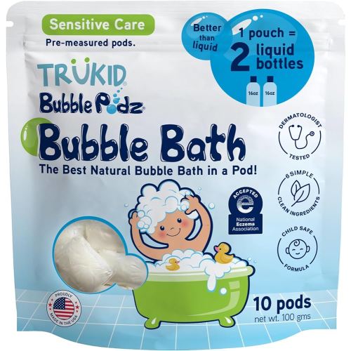 TruKid Bubble Podz Bubble Bath for Kids, Toddlers, & Babies, NEA-Accepted for Eczema, Gentle Refreshing Colloidal Oatmeal Bath Bomb for Sensitive Skin, pH Balanced, Tear Free, Unscented (10 Podz)