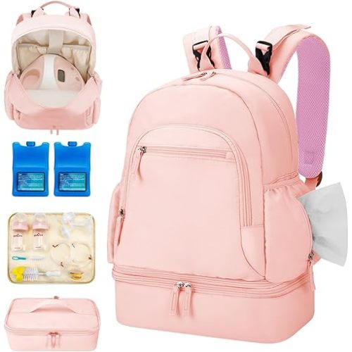 GDNasist Breast Pump Backpack Fit for Spectra S1 and S2 with Removable Cooler Compartment, Pumping Bag for Pump Accessories, Breast Pump Bag for Work, Travel and Family Use Pink