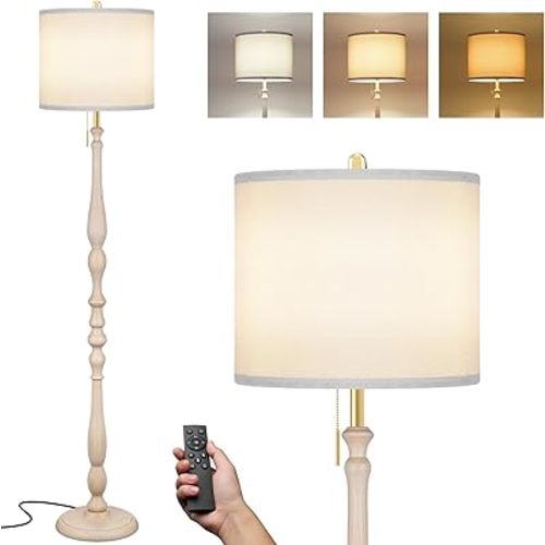 Wood Floor Lamp for Living Room,Farmhouse Standing Lamp with Remote & Dimmable 9W Bulb, Mid Century Standing Tall Lamps for Bedroom Corner Floor Lamps for Nursery, Office, Reading (Antique White)