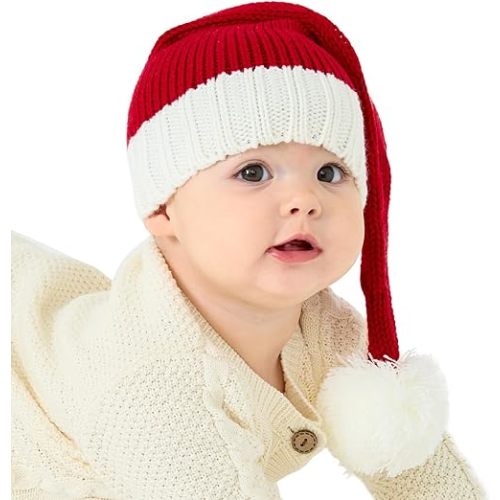 Baby Santa Hat Christmas for Baby Toddler Infant Newborn Washable Fade-restant Knitted Santa Hat Soft Warm Long for New Year Festive Holiday Party Indoor Outdoor Winter Red