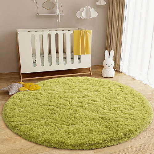Junovo Round Fluffy Area Rugs For Kids Girls Princess Castle Plush Shaggy Carpet Cute Circle Nursery Rug For Kids Room Bedroom Living Room,4'x4',Green