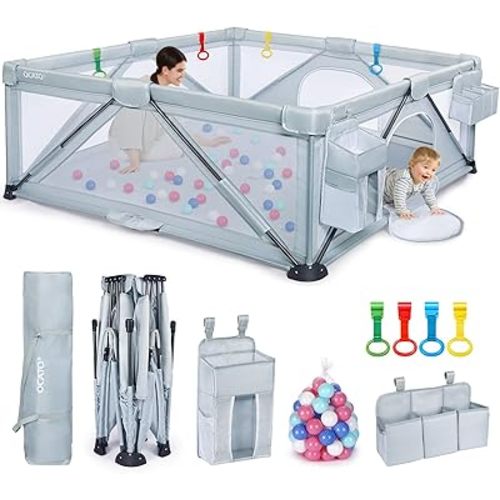 Baby Playpen: Foldable Playpen for Babies and Toddlers Large Play Pen Portable Playpen Fence Indoor Outdoor Kids Safety Area Travel Play Yard with 2 Storage Bags 4 Handlers 50 Balls (71"×71")