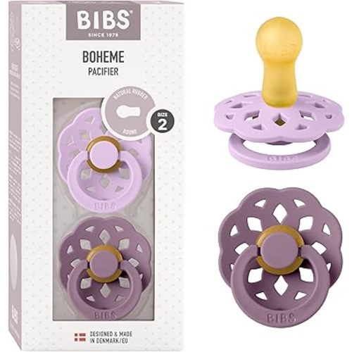 Bibs Pacifiers 6-18 Months | Boheme Collection 2-Pack | BPA-Free Round Nipple | Made in Denmark | Violet Sky/Mauve Color Pacifier