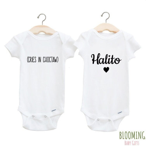 Choctaw Baby Bodysuit Set, Choctaw Baby Gifts, Cries In Choctaw Bodysuits, Halito [means &quot;Hello&quot;]  Chotaw Clothing, Sz 0-3 M