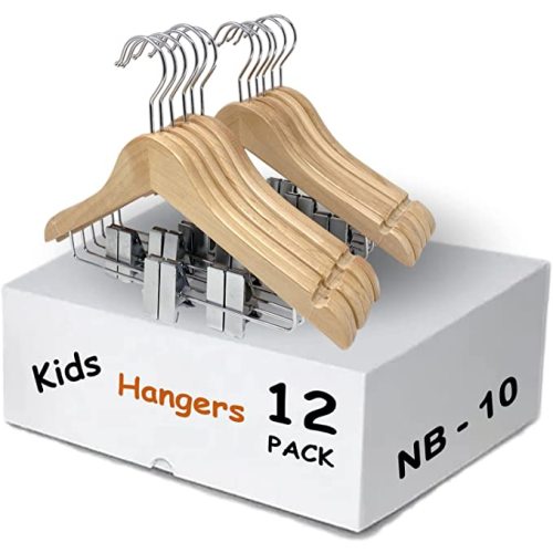 Kids Hangers with Metal Clips Pant Bar 4T-10 (Natural Wood)