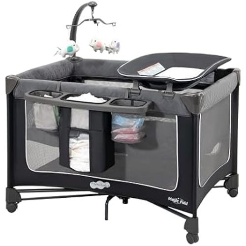 Pamo Babe Pack and Play with Bassinet Magic Fold Playard 1 Step Set Foldable Playpen Baby Playard with Changing Table Portable Playpen Grey
