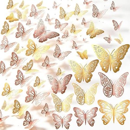 72 Pcs Butterfly Wall Decor, 3 Styles 3 Sizes 3D Butterfly, Gold and Rose Gold Butterfly, Wedding Decorations, Birthday Party Decorations, Girls Bedroom Decoration(72 Pcs, Gold and Rose Gold)