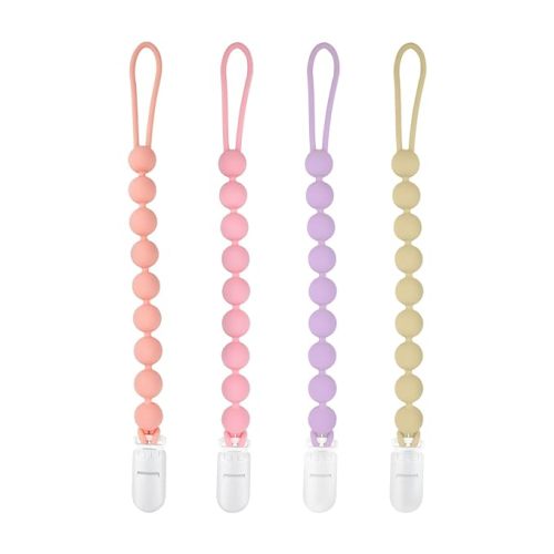Silicone Pacifier Clip Holder, 4 Pack One Piece Soft Flexible Binky Clips Pacifier Holder Clip for Girls, Baby Girl Newborn Essentials