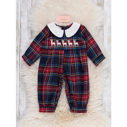 Embroidered Reindeer Plaid Romper