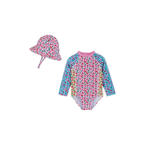 Cherry Stripe Long Sleeve One-Piece Rashguard Swimsuit & Sun Hat Set, 0-3M