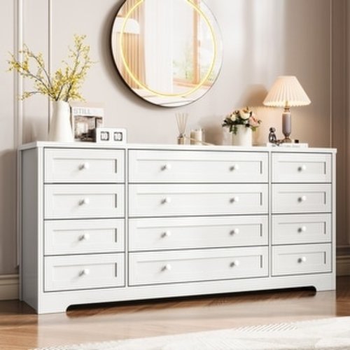 12 Drawer Wooden Dresser – Wide TV Stand for 65" TV, Modern Clothes Storage Organizer for Living Room, Hallway, Bedroom