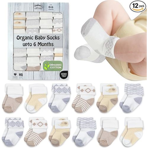 Mother's Choice Organic Cotton Baby Socks 0–6 Months, 12 Pairs Newborn & Infant Socks Soft Hypoallergenic Breathable Gentle On Delicate Skin Stretch Fit Comfortable Daily Essentials For Little Ones