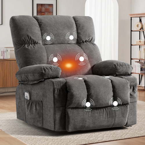 JONPONY Manual Recliner Chair with Heat Therapy and Massage Function, Heavy Duty Reclining Mechanism Massage Chair, Elderly Single Rocker Sofa with Cup Holders for Bedroom Home Theater,Grey