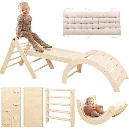 Pikler Triangle Set with Cushion, 7 in 1 Toddler Climbing Toys Indoor