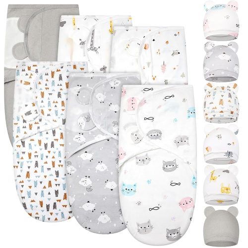 Ramede 6 Pack Baby Swaddle Blanket with Hats Sleep Swaddle for 0-3 Months Newborn Sacks Soft Cotton Wearable for Boy Girl