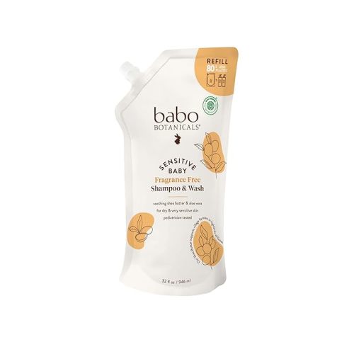 Babo Botanicals Sensitive Baby Fragrance-Free 2-in-1 Shampoo & Wash - Shea Butter, Calendula & Aloe Vera - EWG Verified - Cruelty-Free- Pediatrician Tested - For Babies & Kids - Refill pouch 32 fl.oz.